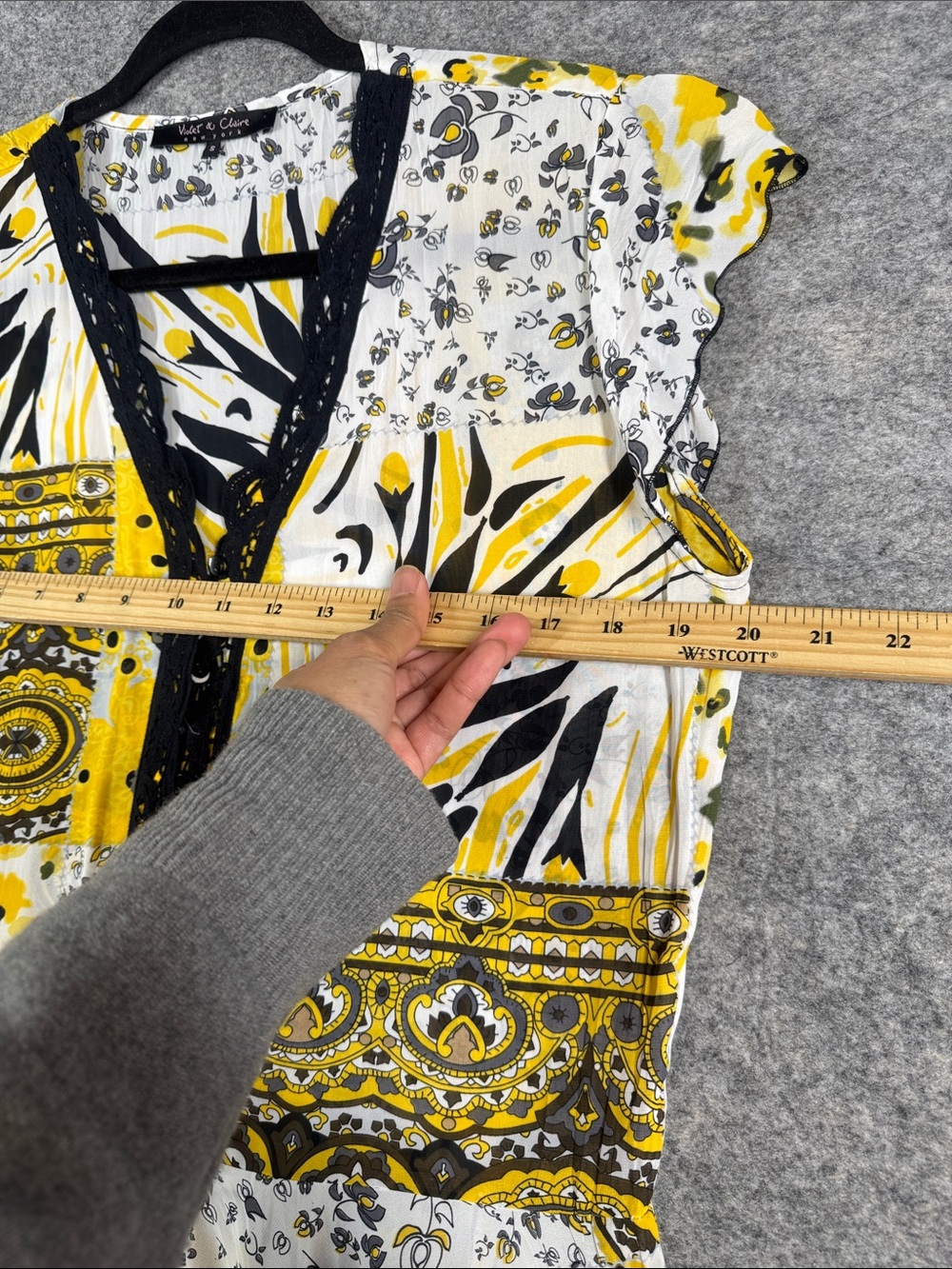 Violet & Claire Patchwork Print Y2K Blouse Yellow Black Small Boho Peplum Top - Picture 6 of 12